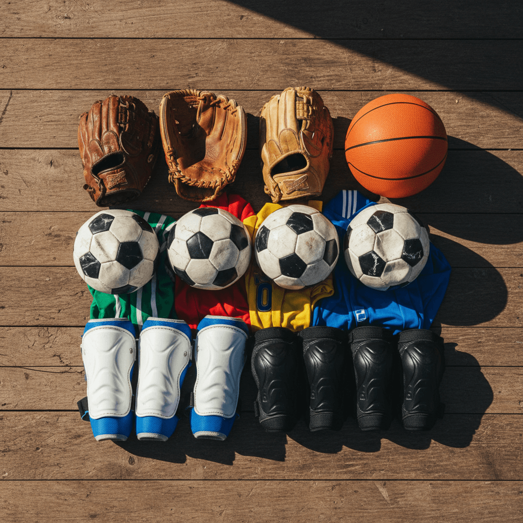 Collection of youth athletic equipment and gear