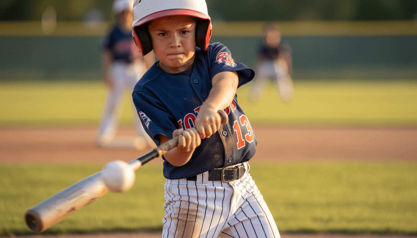 Young baseball player mid-swing during game, wearing team uniform and batting helmet in afternoon sunlight