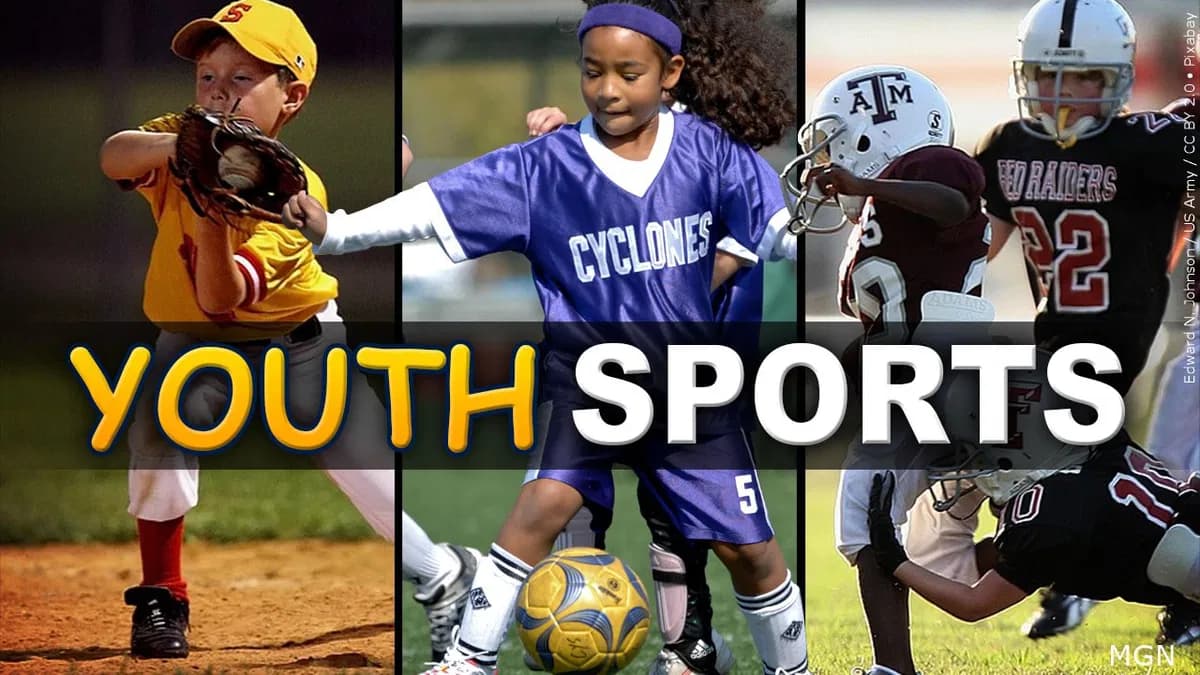 Collage of children playing baseball, soccer, and football with the text "YOUTH SPORTS" overlaid.