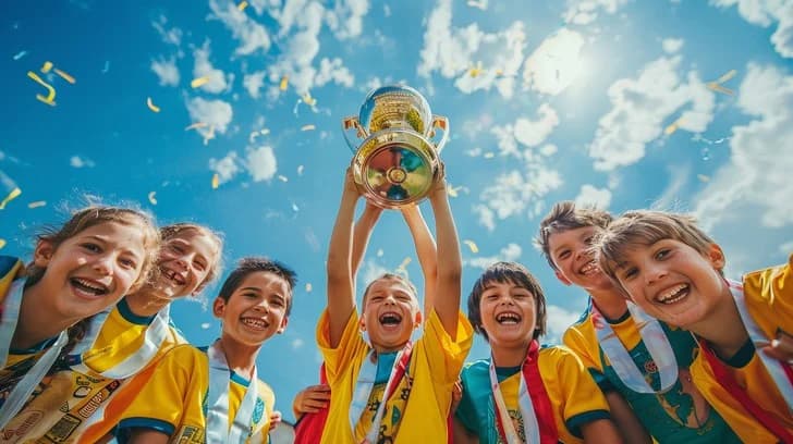 Smiling children in sports uniforms celebrate victory by raising a gold trophy under confetti.